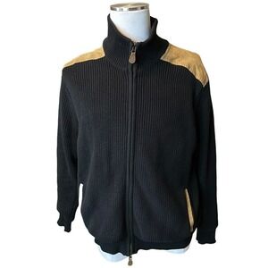 Orvis Men’s Sweater Jacket Size L Knit Cotton Shoulder Patches Full Zip Black